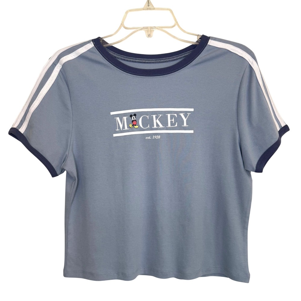 Disney Mickey Mouse Blue Ringer Crop Top Embroidered Graphic Tee Juniors Large